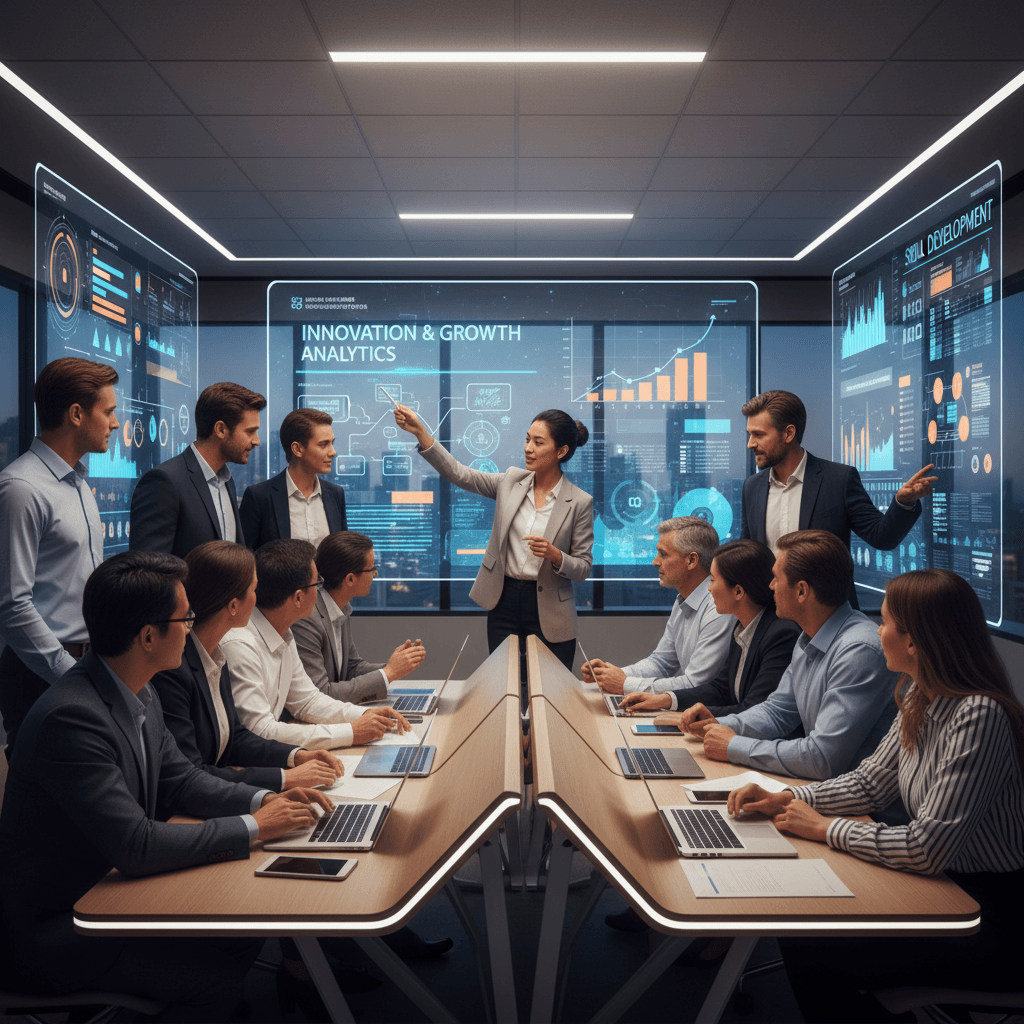 Diverse group of professionals participating in interactive skills training session in modern collaborative learning facility with instructor and digital displays