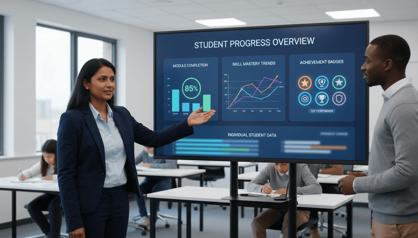 AI-powered learning analytics dashboard showing course performance metrics