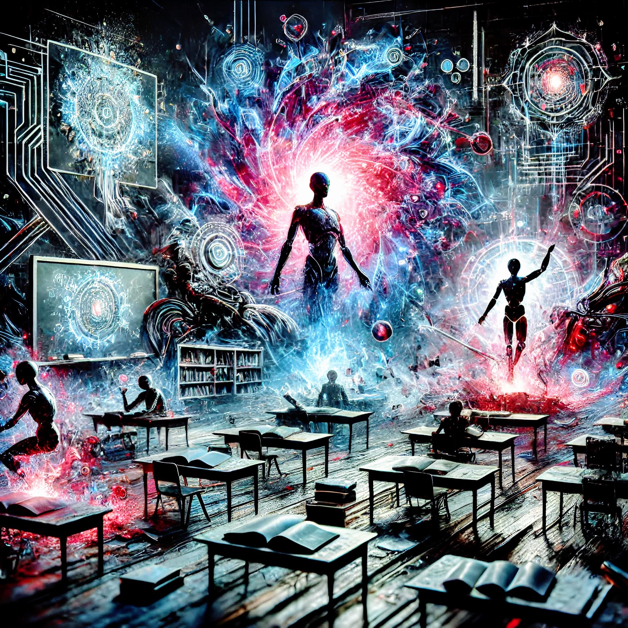 Surreal classroom with humanoid figures and a central, swirling red and blue cosmic energy vortex.